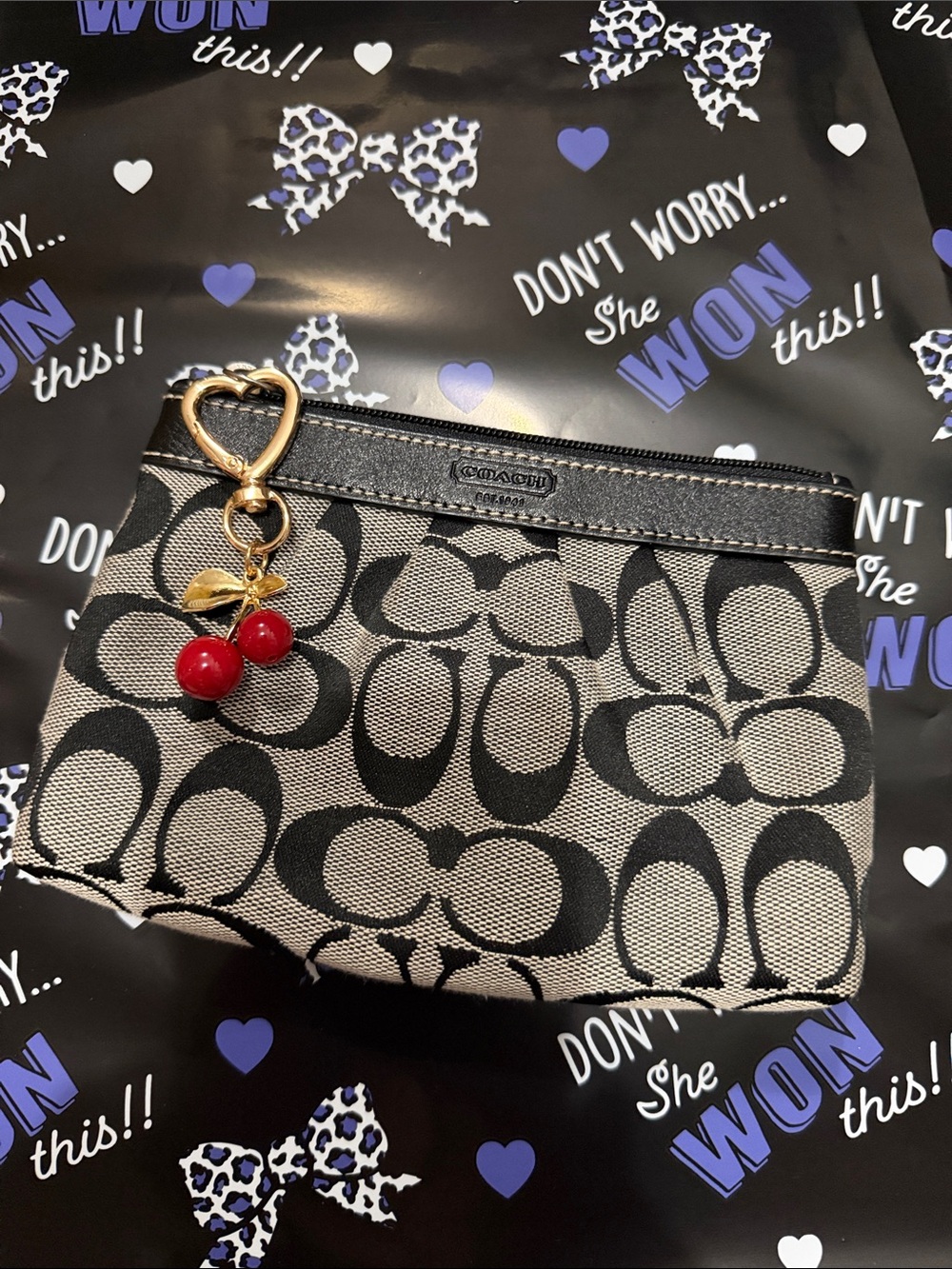 Coach Black Signature Canvas Cherry Charm Wristlet